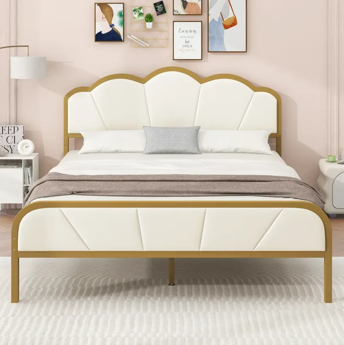 Merax Metal Platform Bed with Upholstered Headboard