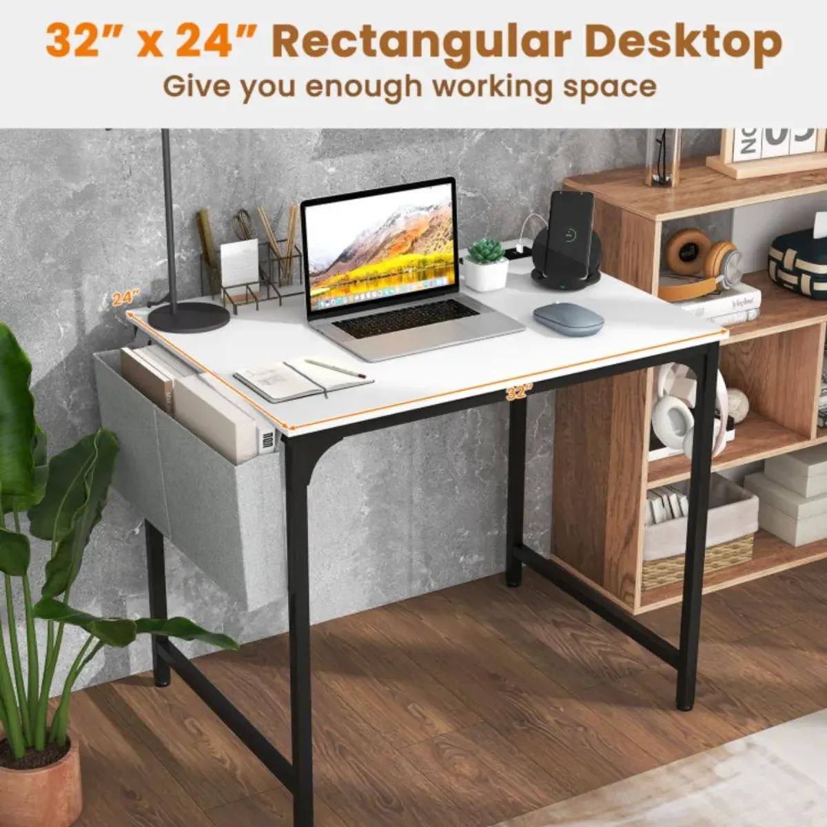 Hivvago 32 Inch Home Office Desk with Charging Station Storage Bag and Headphone Hook