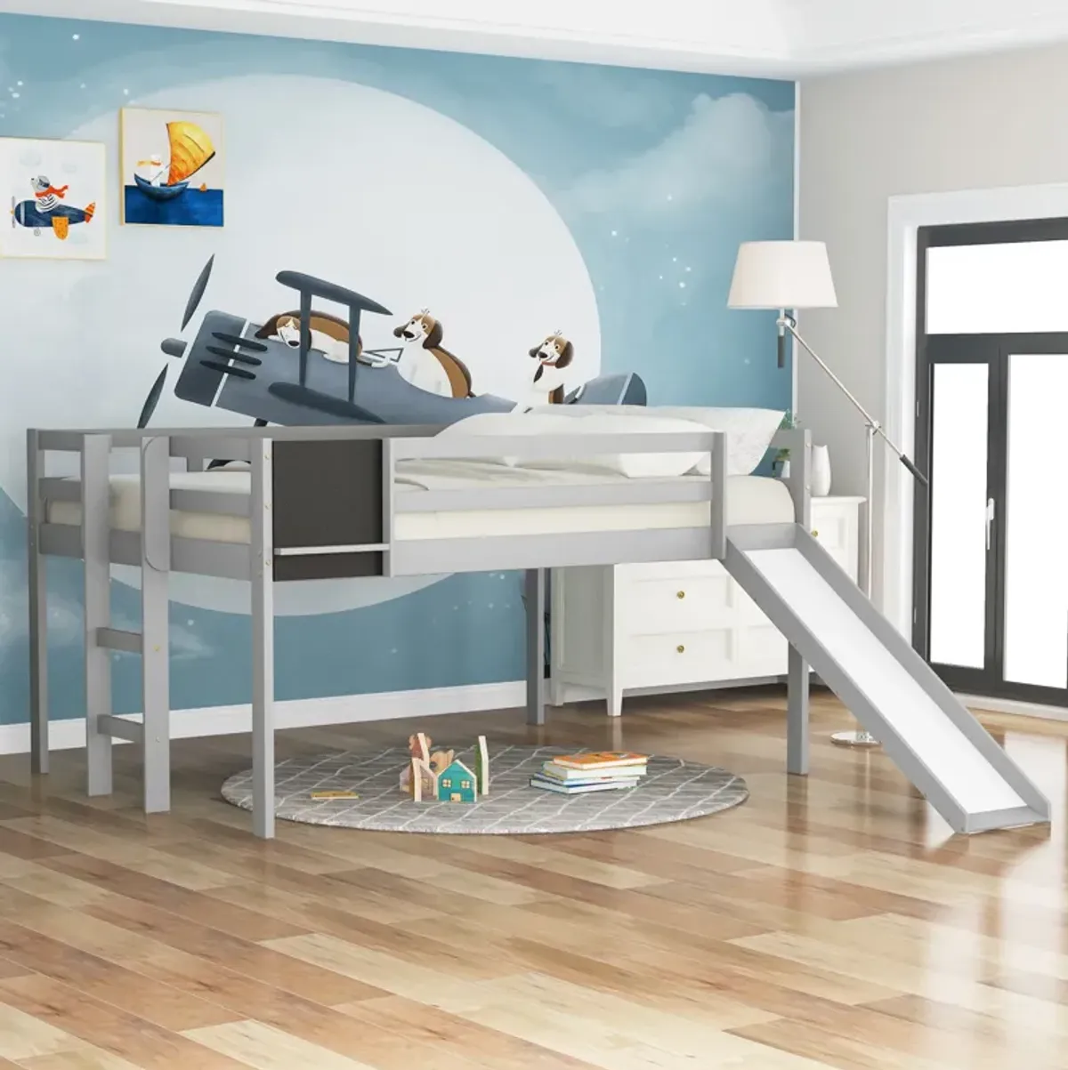 Full Size Loft Bed Wood Bed with Slide, Stair and Chalkboard