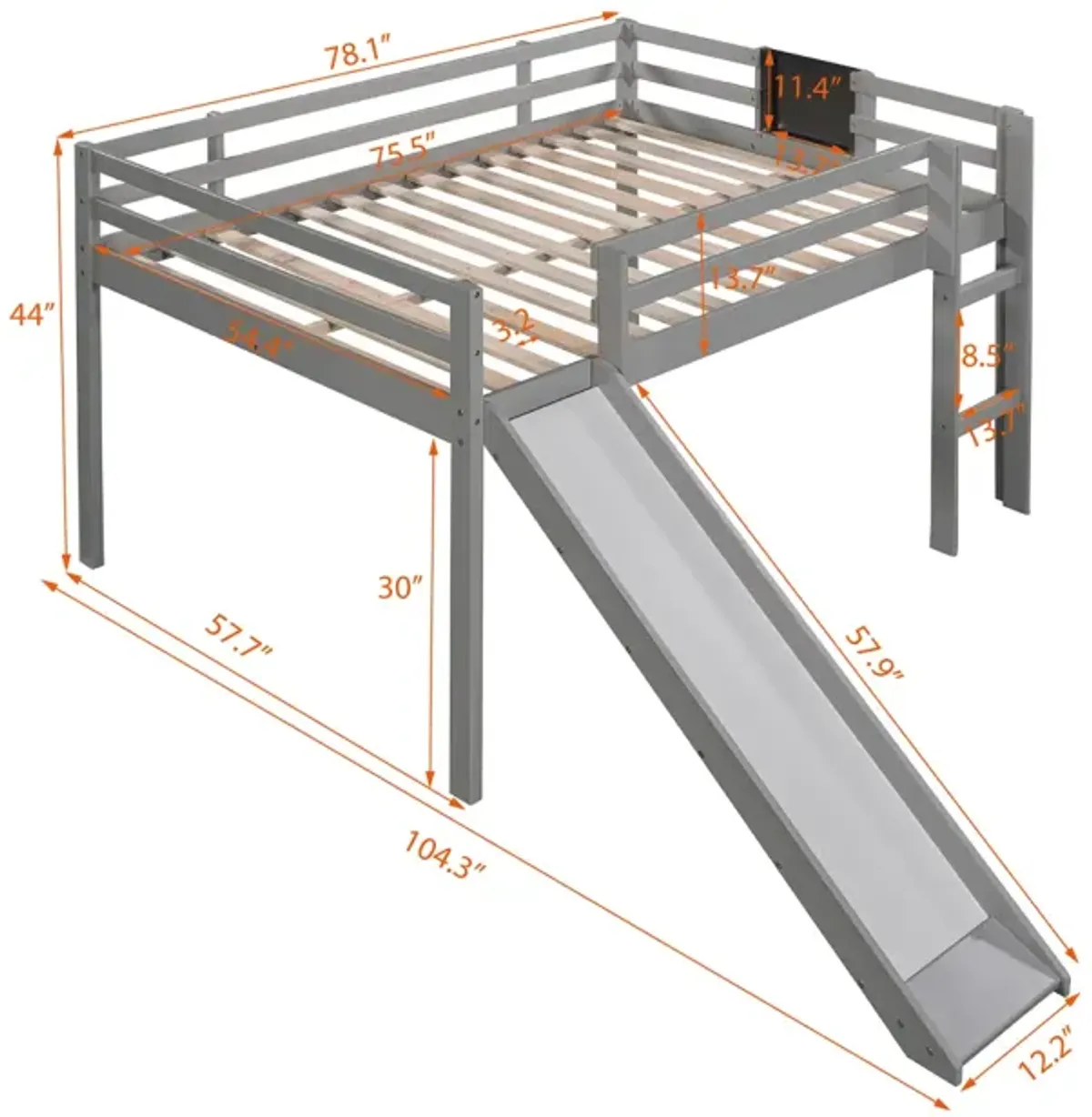 Full Size Loft Bed Wood Bed with Slide, Stair and Chalkboard