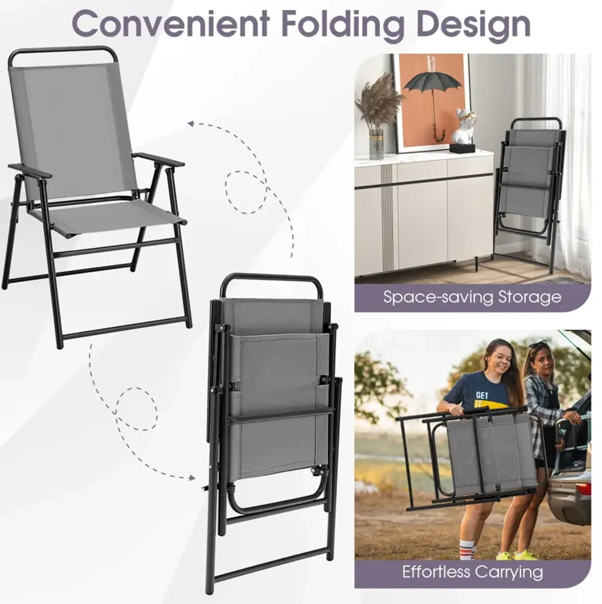 Set of 2 Outdoor Folding Sling Chairs with Armrest and Backrest