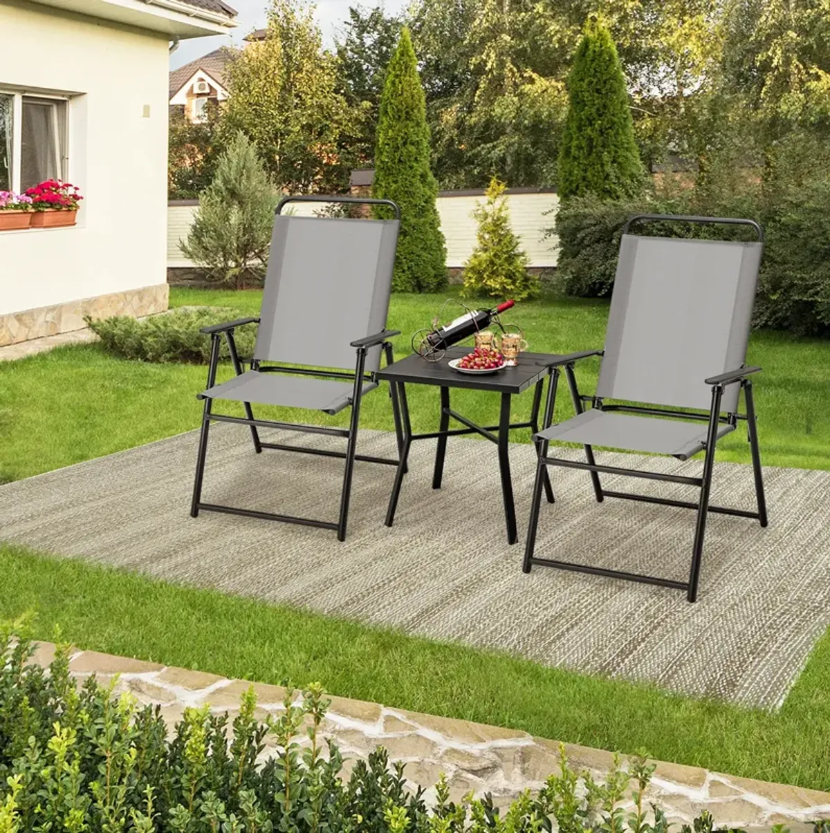 Set of 2 Outdoor Folding Sling Chairs with Armrest and Backrest