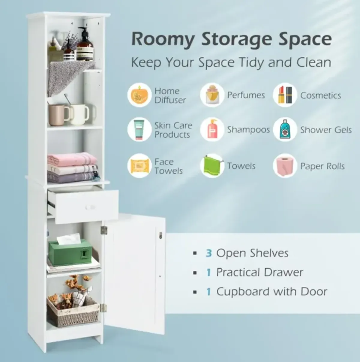 Hivvago Bathroom Tall Freestanding Storage Cabinet with Open Shelves and Drawer