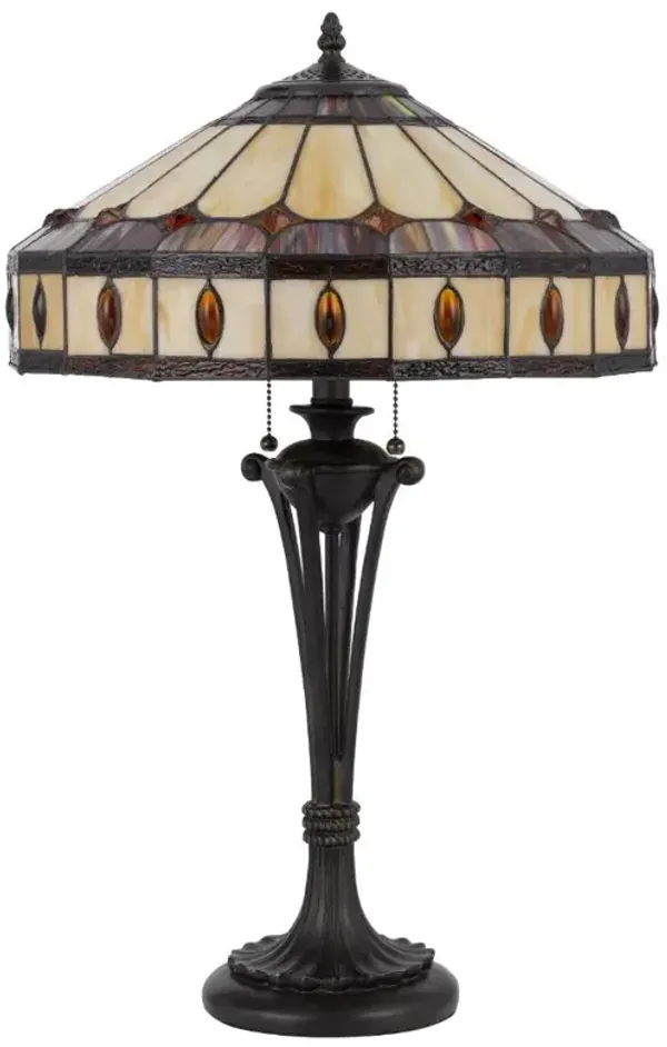 Hivvago 26" Black Metal Two Light Candlestick Table Lamp With Ivory and Red Dome Shade