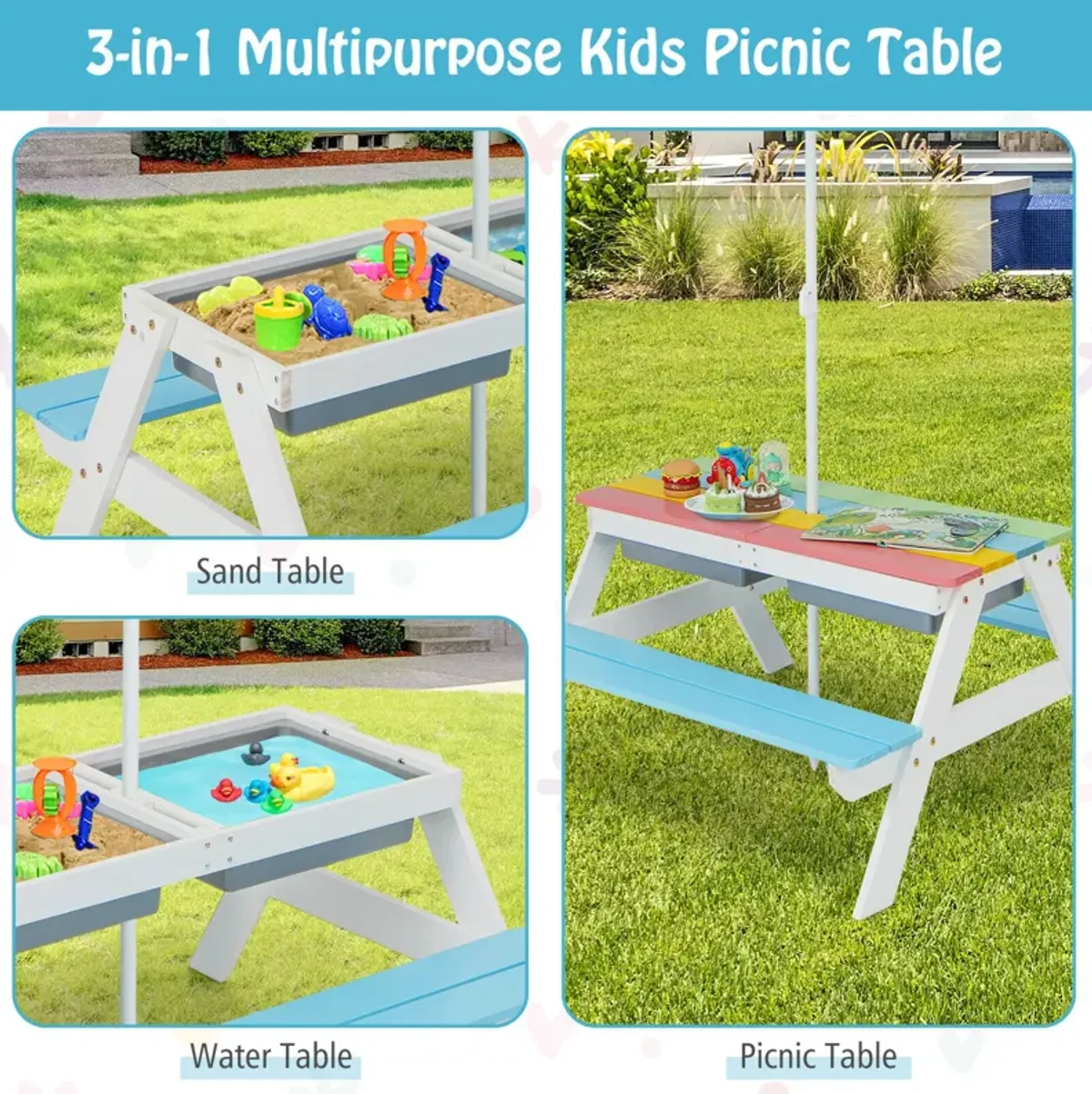 3-in-1 Kids Outdoor Picnic Water Sand Table with Umbrella Play Boxes in Blue