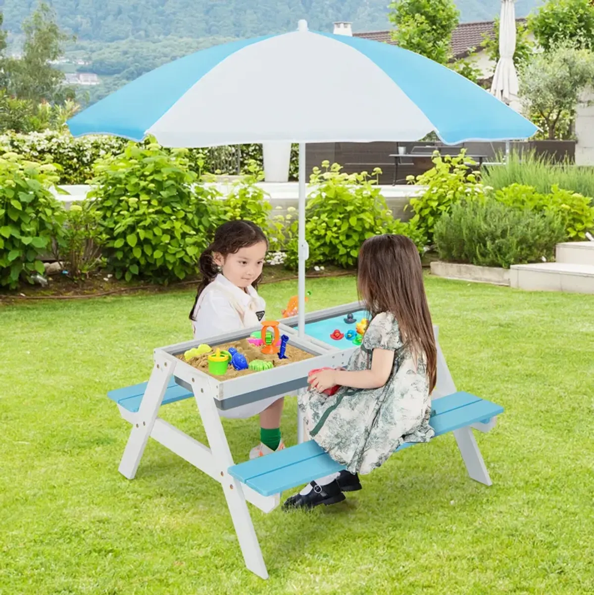 3-in-1 Kids Outdoor Picnic Water Sand Table with Umbrella Play Boxes in Blue