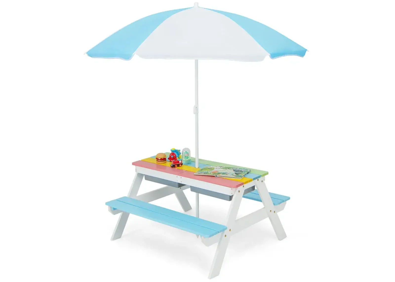 3-in-1 Kids Outdoor Picnic Water Sand Table with Umbrella Play Boxes in Blue