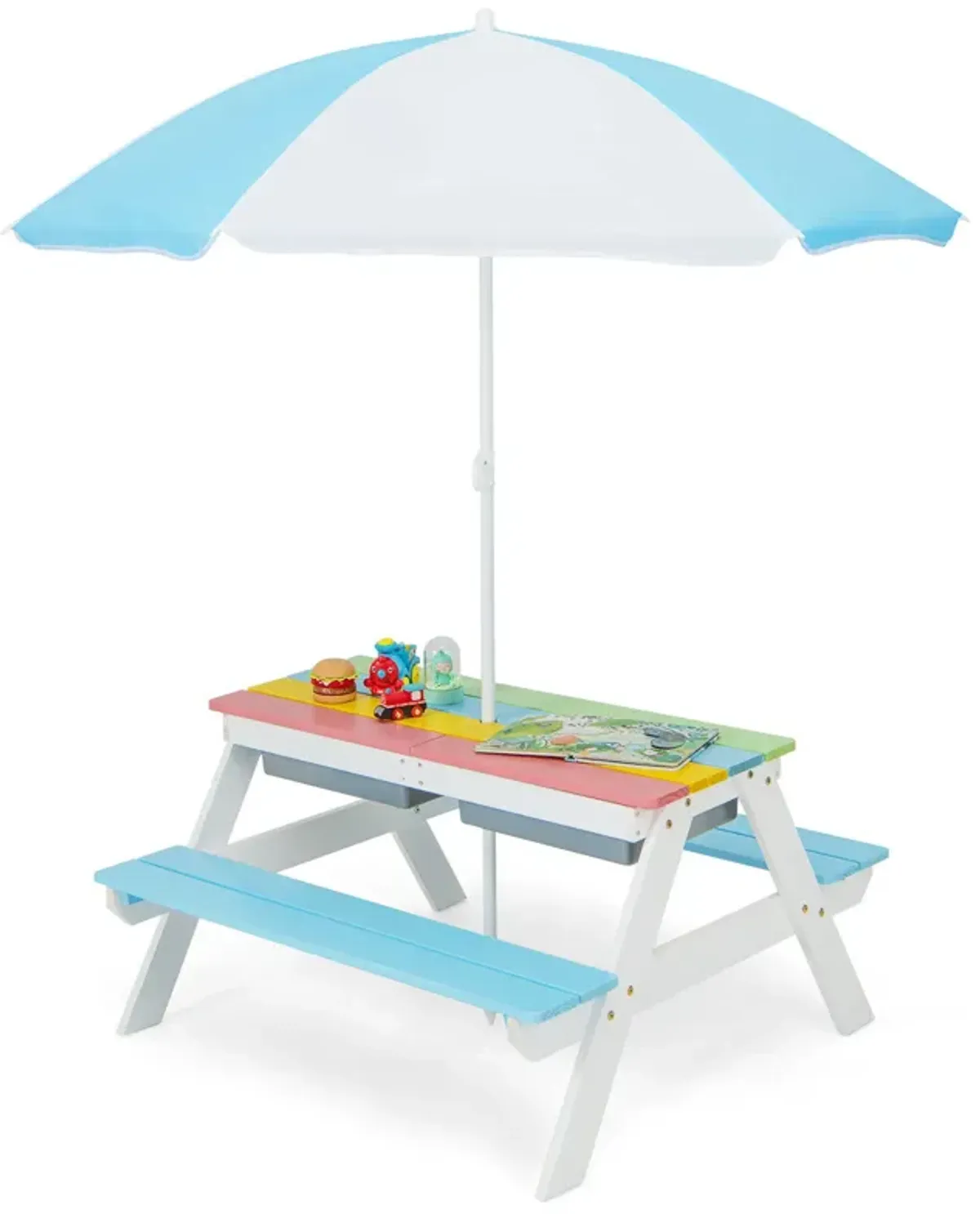 3-in-1 Kids Outdoor Picnic Water Sand Table with Umbrella Play Boxes in Blue