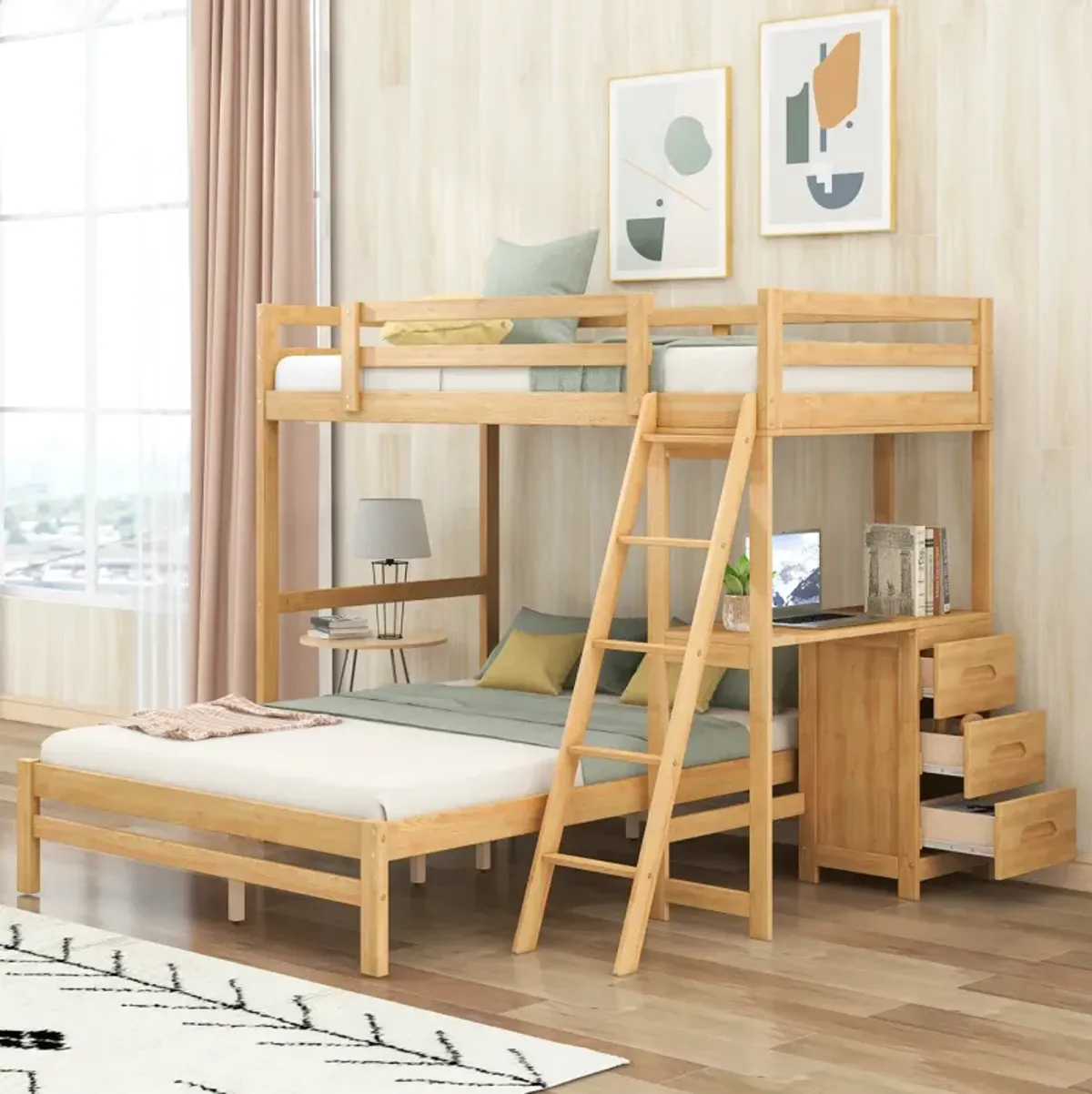 Twin Over Full Bunk Bed With Built-In Desk And Three Drawers