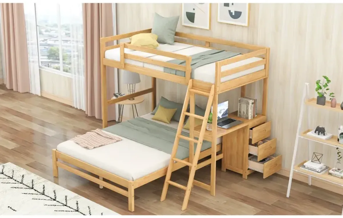 Twin Over Full Bunk Bed With Built-In Desk And Three Drawers