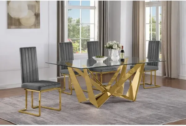 7pc Small(78") glass dining set with gold base and 4 Dark grey side chairs