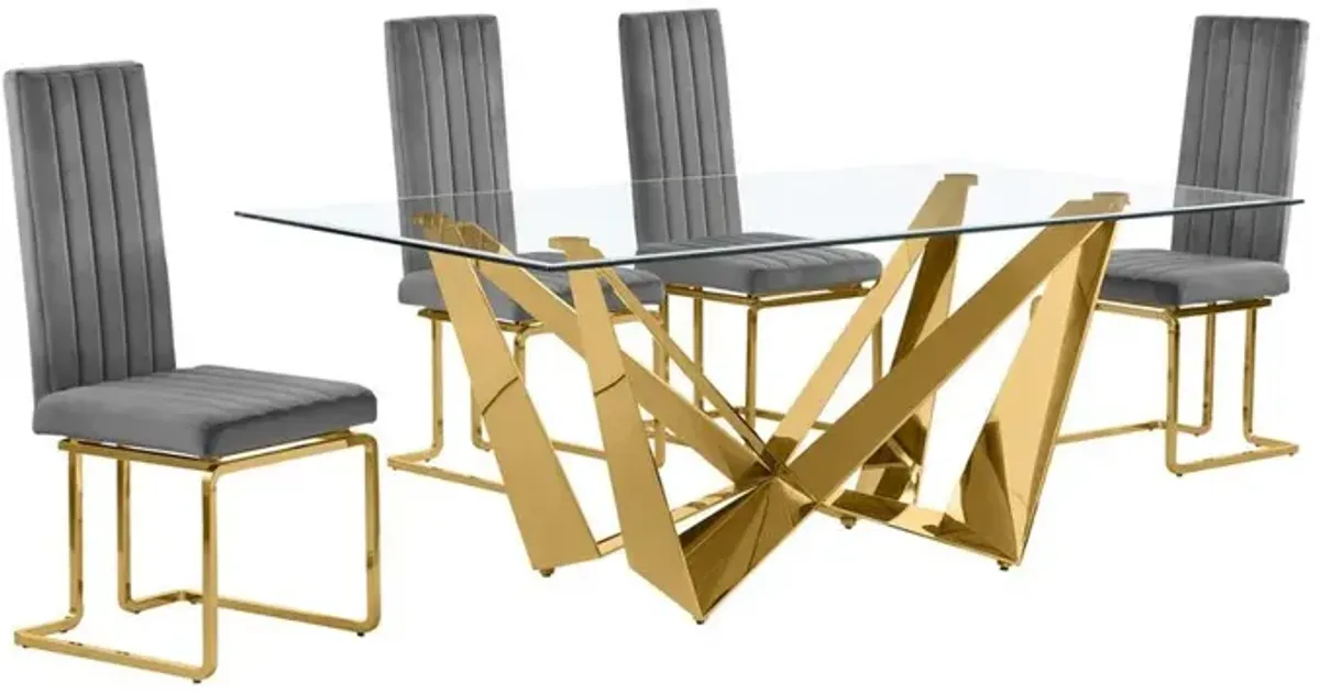 7pc Small(78") glass dining set with gold base and 4 Dark grey side chairs