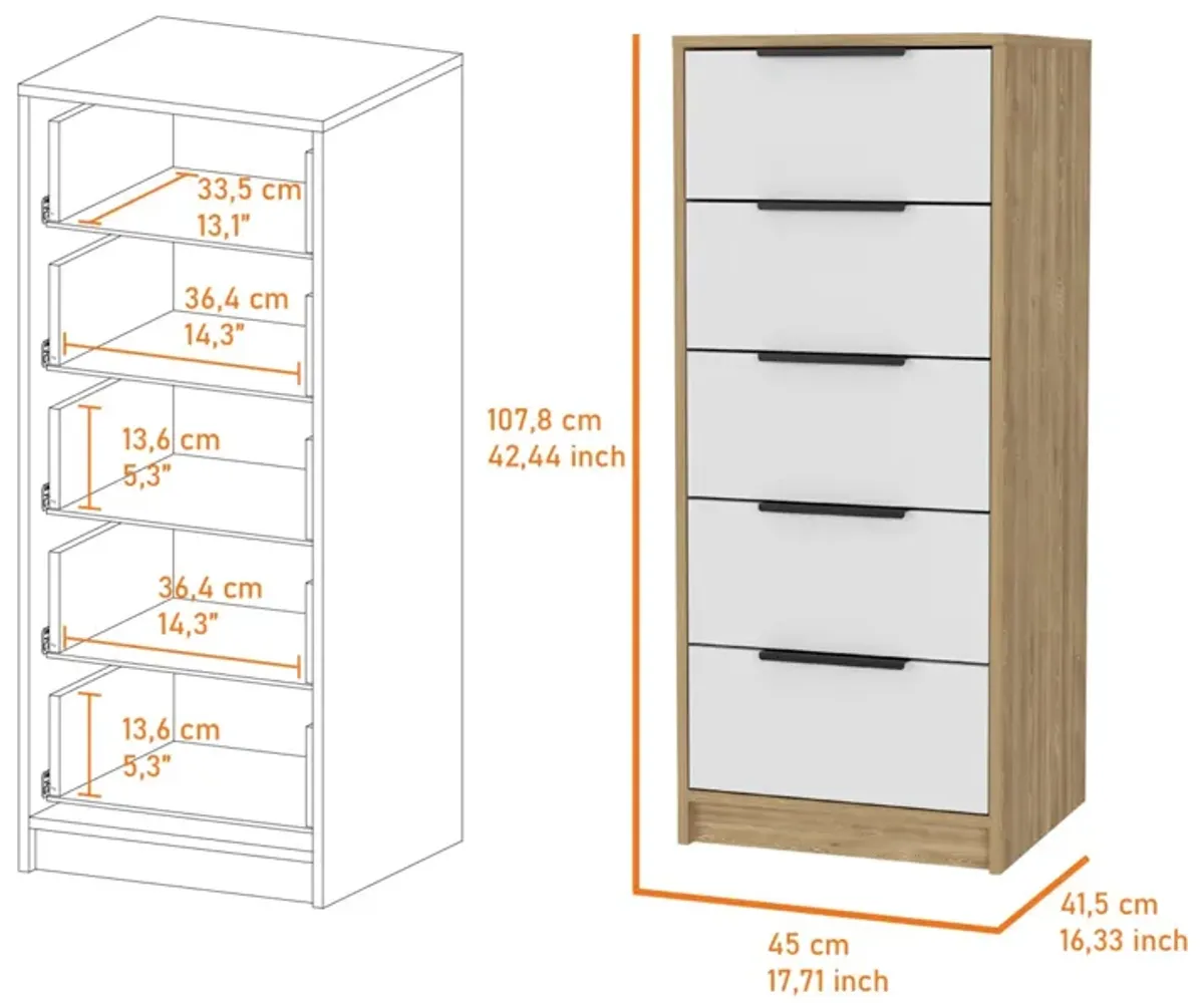 Kaia 5 Drawer Dresser, Vertical Dresser - White Pine