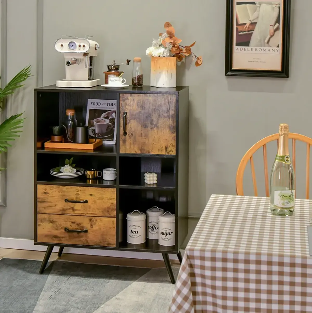 Industrial Buffet Sideboard Kitchen Cupboard with Cubbies Drawers-Rustic Brown