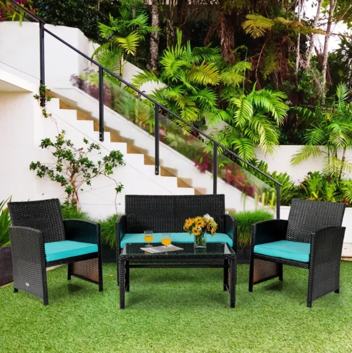 Hivvago 4 Pieces Patio Rattan Cushioned Furniture Set