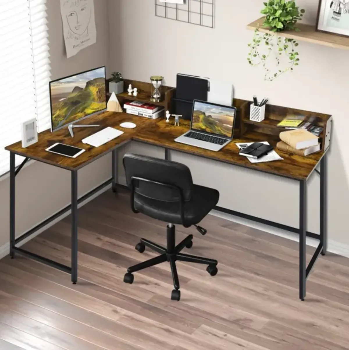 Hivvago 5.5 Inch L-shaped Computer Desk with Bookshelf