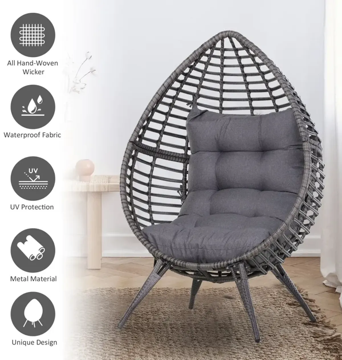 Grey Garden Cocoon: Patio Wicker Egg Chair with Soft Cushion