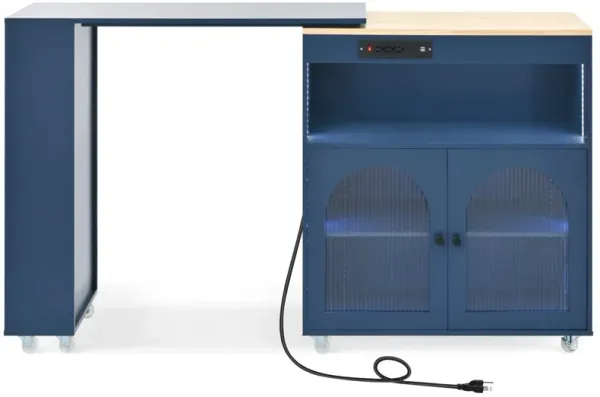 Rolling Kitchen Island With Extended Table, Kitchen island on Wheels with LED Lights,Power Outlets and 2 Fluted Glass Doors, Kitchen Island with a Storage Compartment and Side 3 Open Shelves