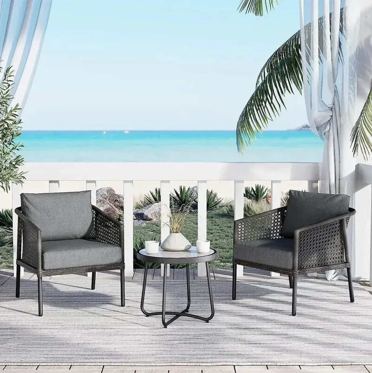 MONDAWE Outdoor Furniture 3 Pieces Set All-Weather Wicker Conversation Set for Patio Garden Backyard with Olefin Cushions and Coffee Table