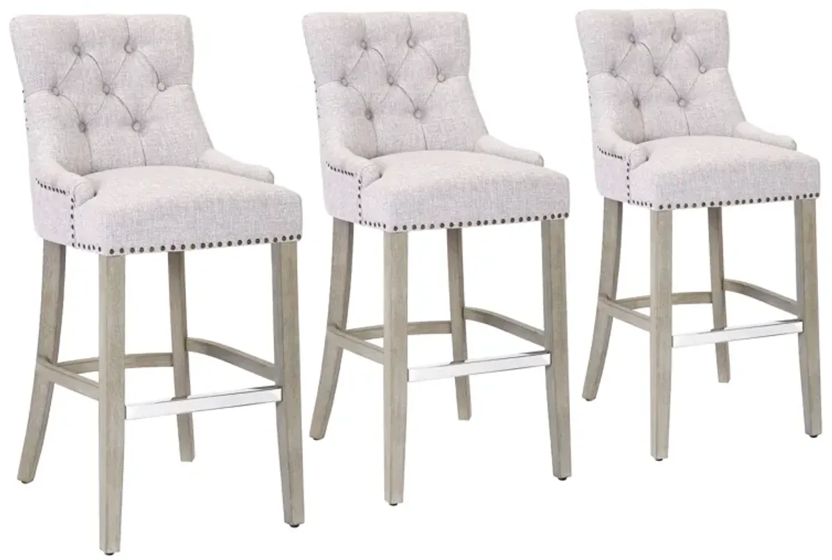 WestinTrends 29" Linen Fabric Tufted Upholstered Bar Stool (Set of 3), Antique Grey