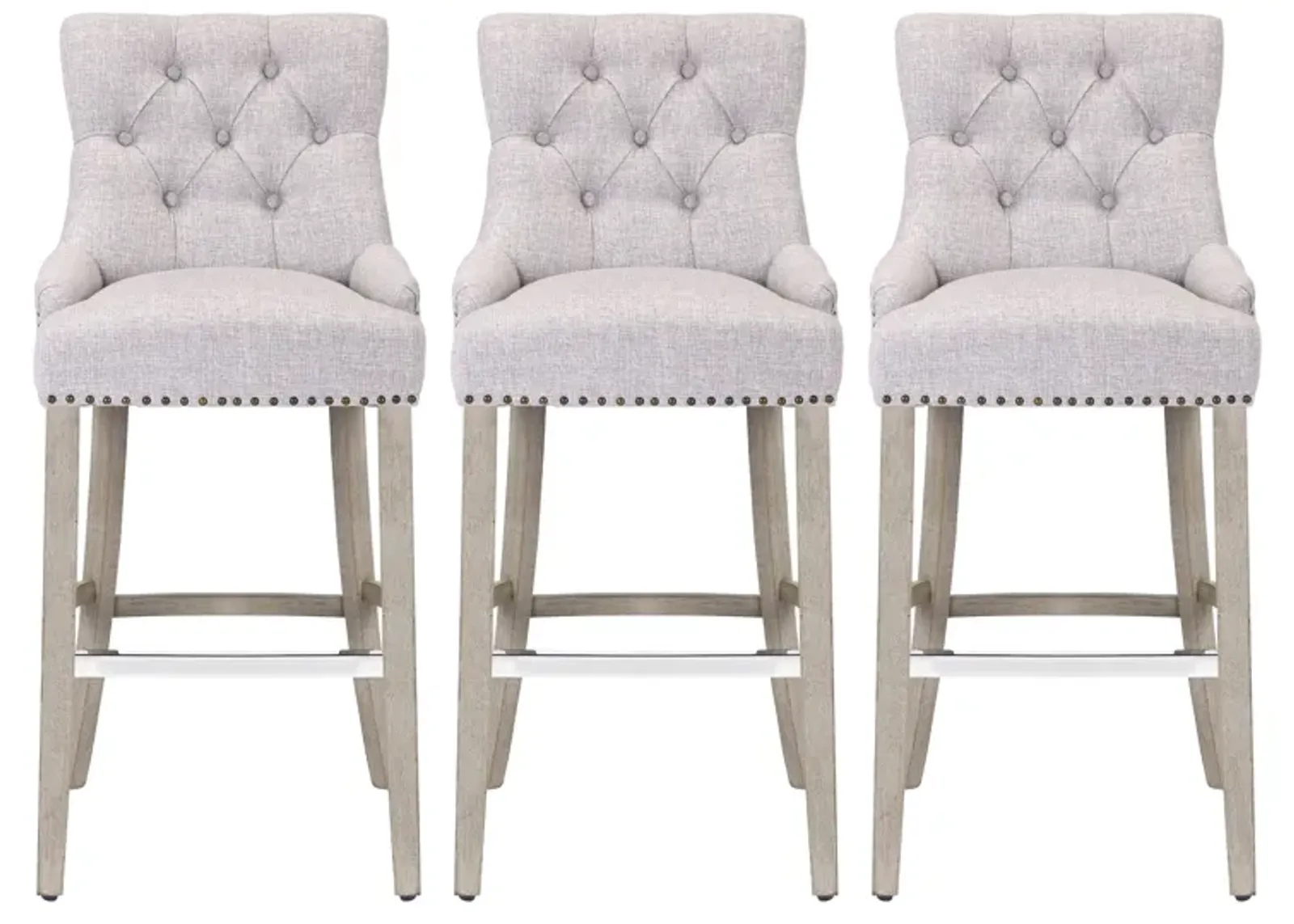 WestinTrends 29" Linen Fabric Tufted Upholstered Bar Stool (Set of 3), Antique Grey