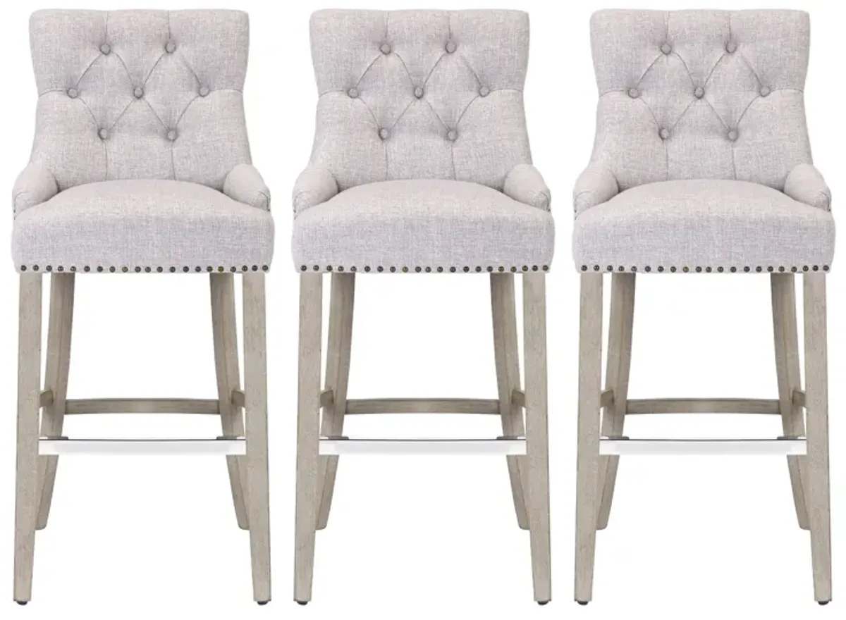 WestinTrends 29" Linen Fabric Tufted Upholstered Bar Stool (Set of 3), Antique Grey