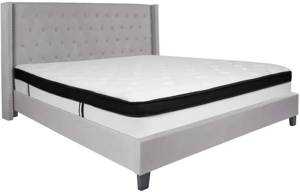 Riverdale King Size Tufted Upholstered Platform Bed in Light Gray Fabric with Memory Foam Mattress