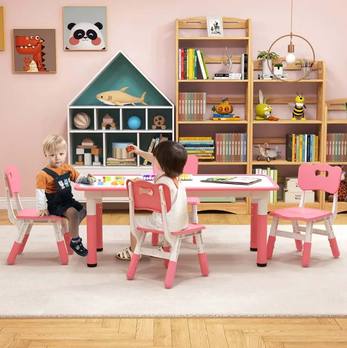 Kids Table and Chairs Set for 4 with Graffiti Desktop