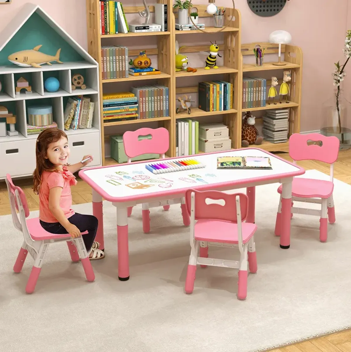 Kids Table and Chairs Set for 4 with Graffiti Desktop