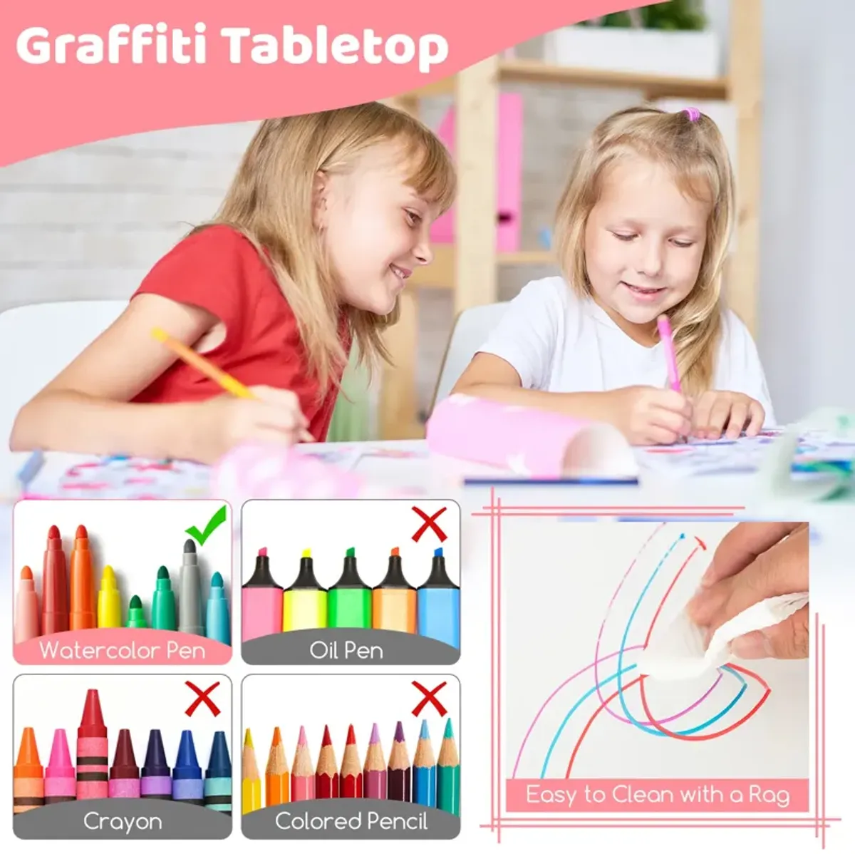 Kids Table and Chairs Set for 4 with Graffiti Desktop