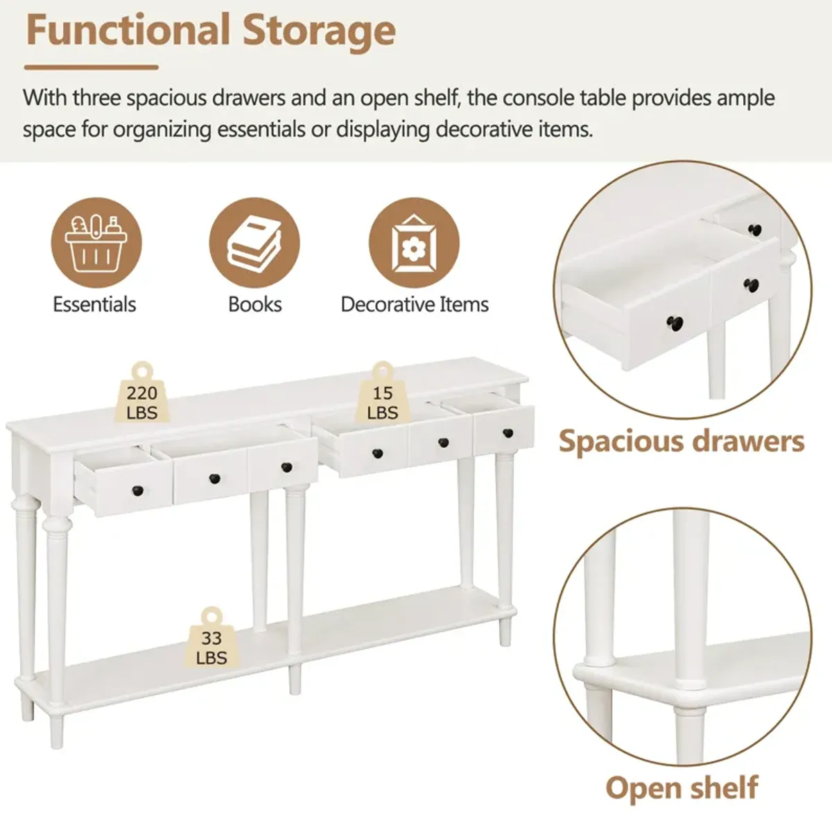 Merax Retro Console Table with 3 Drawers and Open Shelf