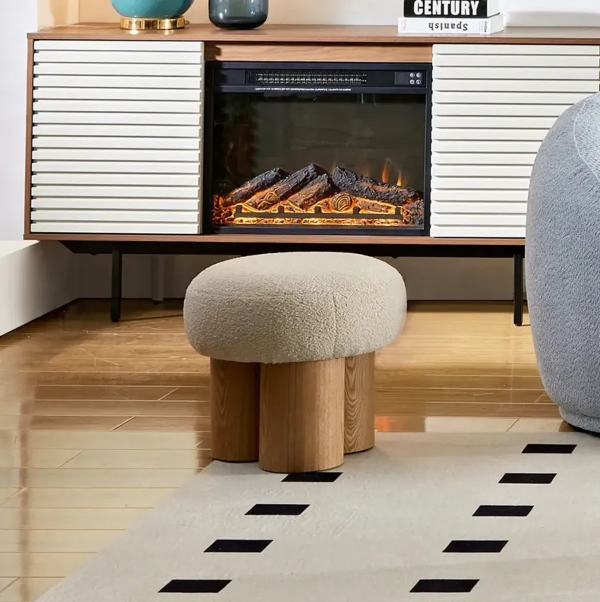 Beige mushroom stool, brown lamb wool seat, barrel PVC pipe with walnut veneer