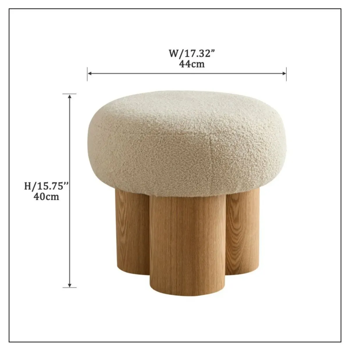 Beige mushroom stool, brown lamb wool seat, barrel PVC pipe with walnut veneer