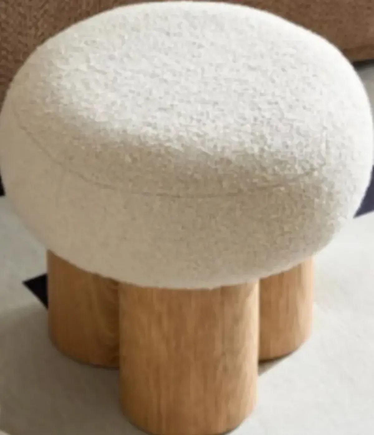 Beige mushroom stool, brown lamb wool seat, barrel PVC pipe with walnut veneer