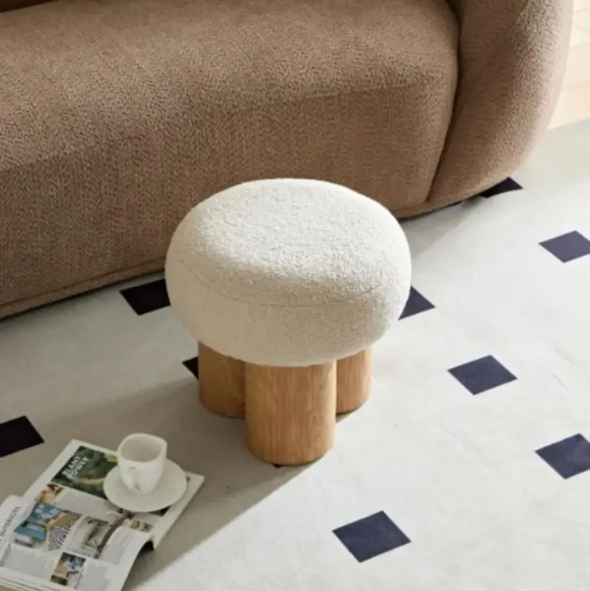 Beige mushroom stool, brown lamb wool seat, barrel PVC pipe with walnut veneer