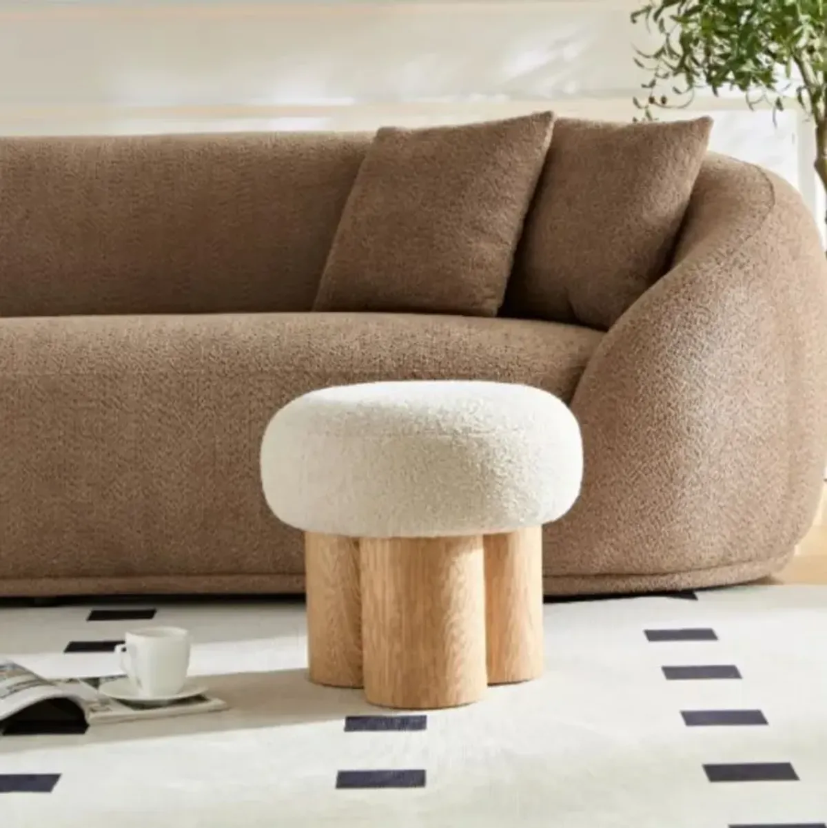 Beige mushroom stool, brown lamb wool seat, barrel PVC pipe with walnut veneer