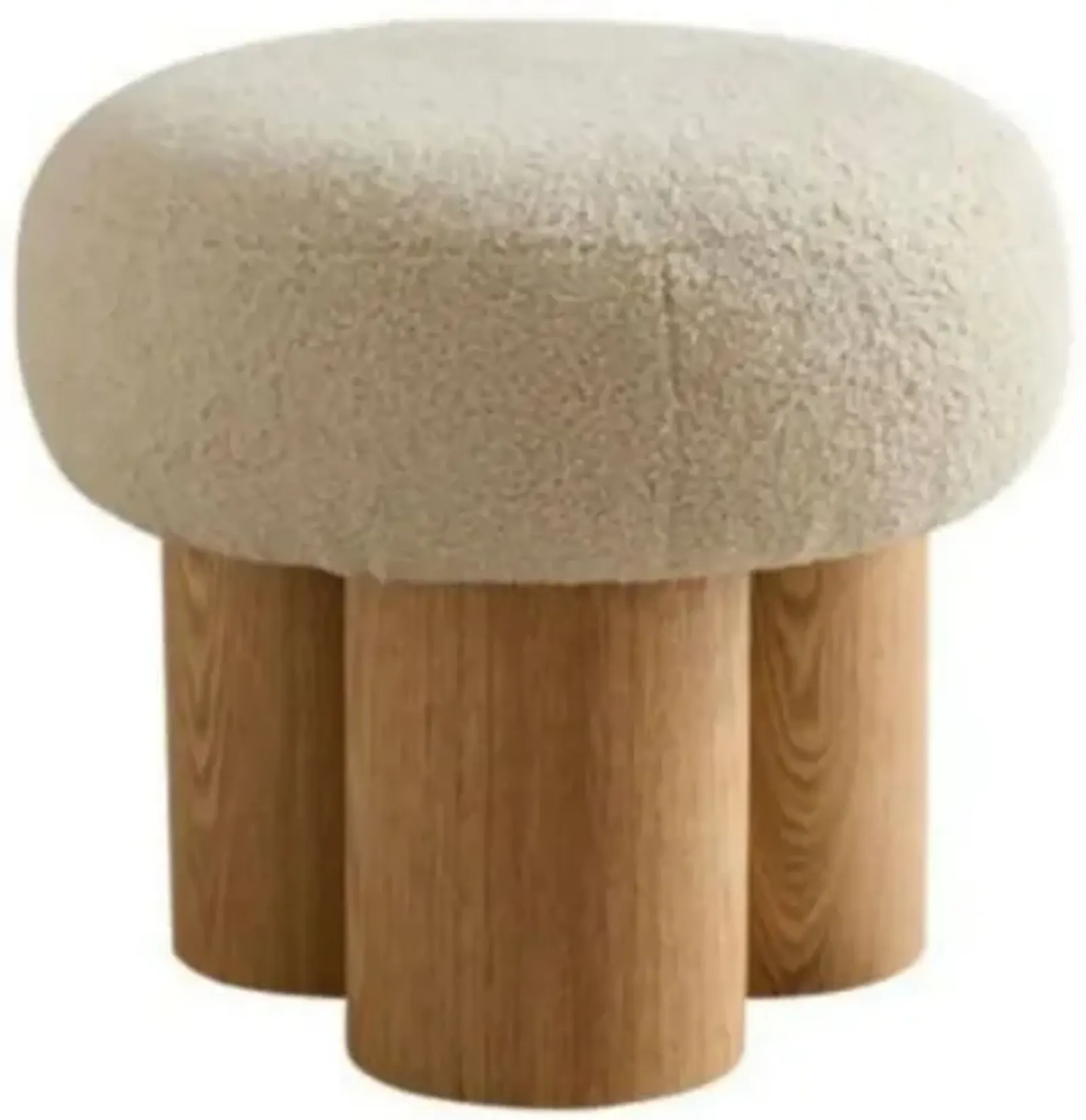 Beige mushroom stool, brown lamb wool seat, barrel PVC pipe with walnut veneer