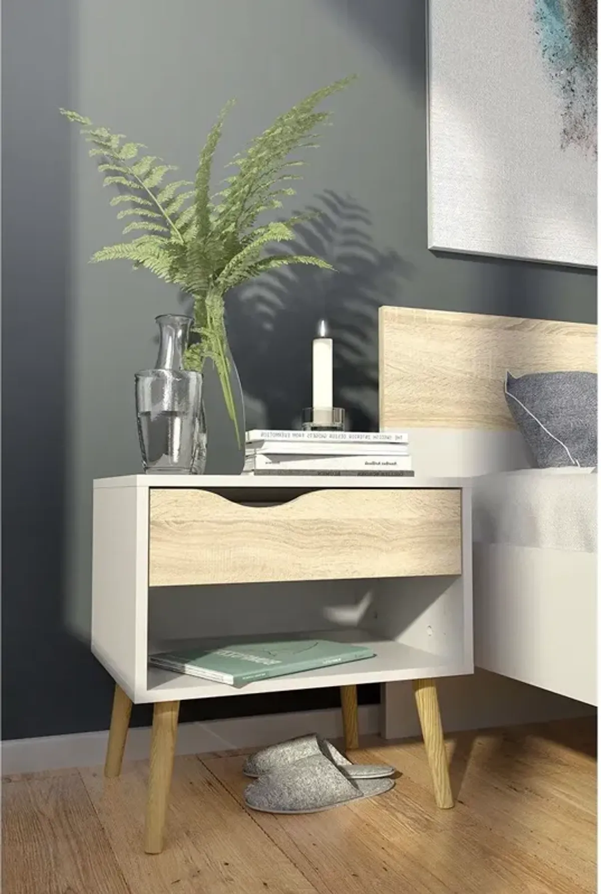 Hivvago Modern Mid Century Style End Table Nightstand in White & Oak Finish