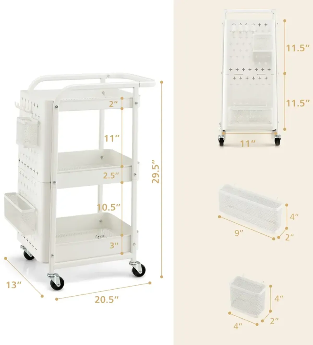 3-Tier Utility Storage Cart with DIY Pegboard Baskets