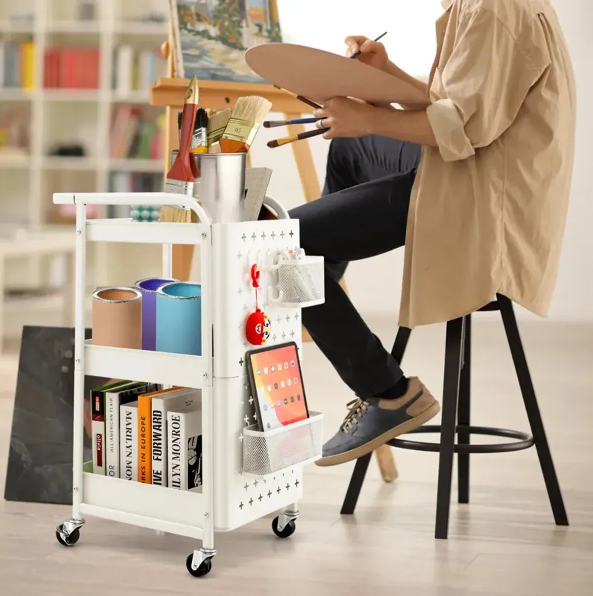 3-Tier Utility Storage Cart with DIY Pegboard Baskets