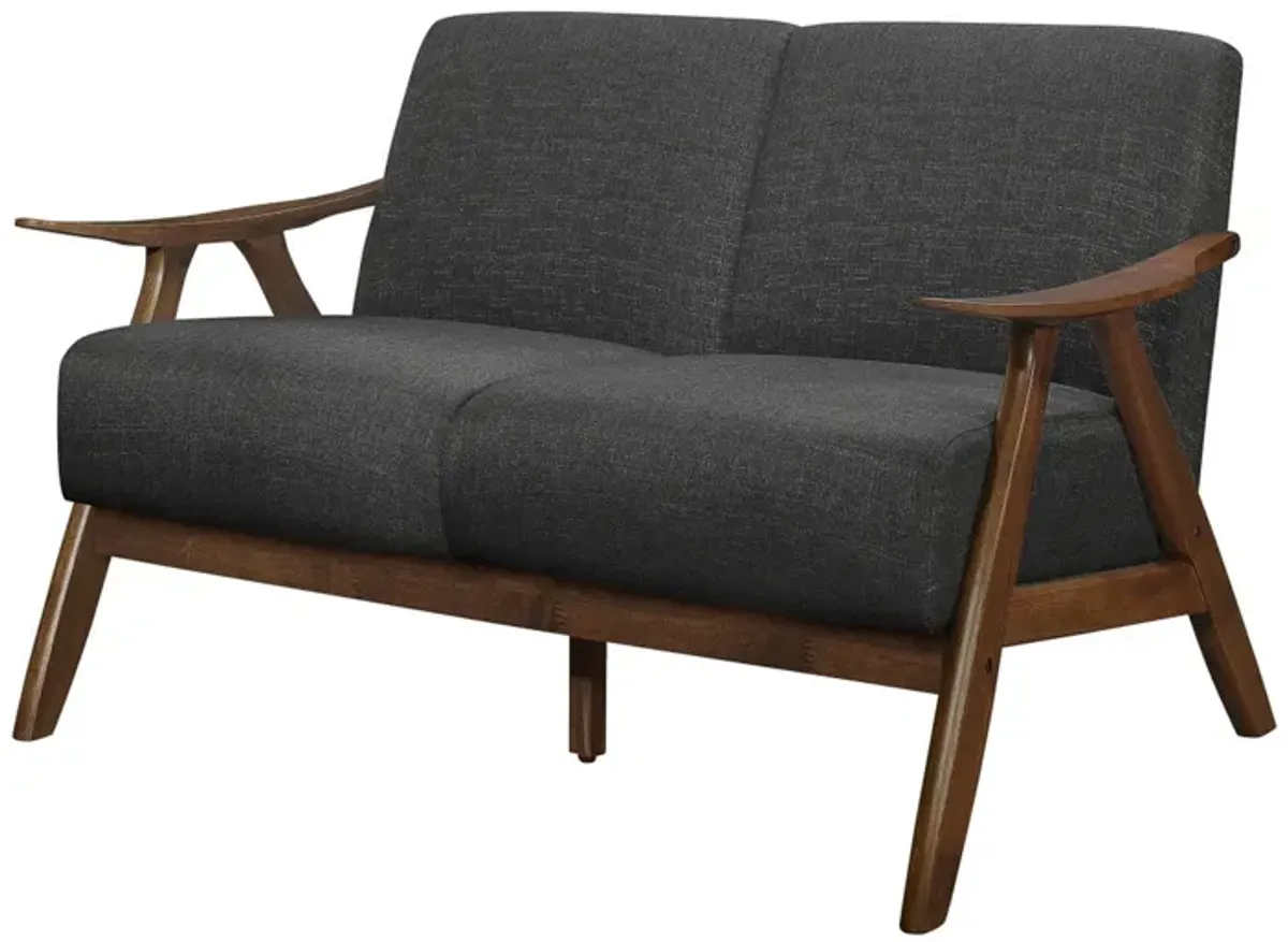 Indy 51 Inch Loveseat, Brown Rubberwood Angled Frame, Textured Gray Fabric - Benzara