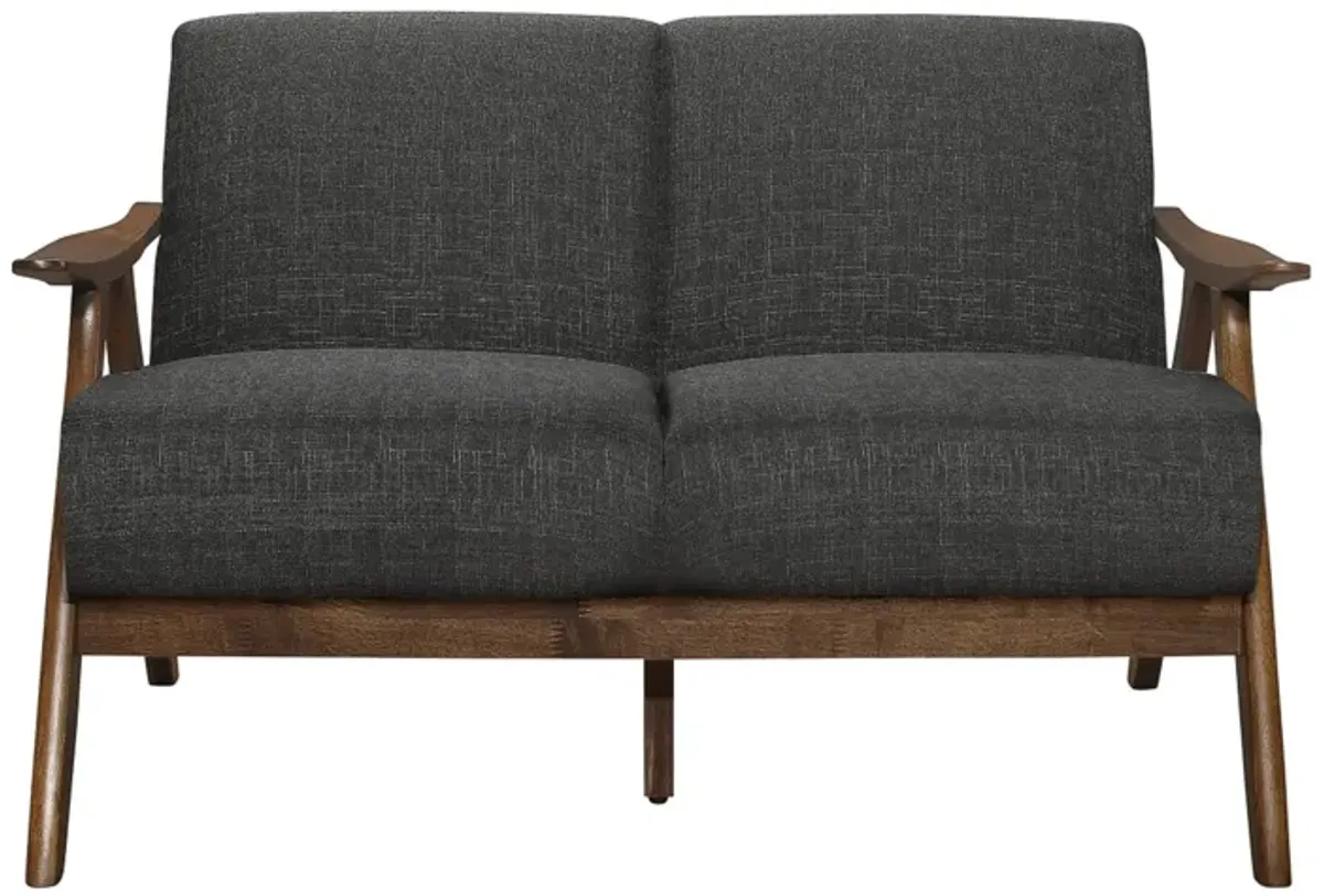 Indy 51 Inch Loveseat, Brown Rubberwood Angled Frame, Textured Gray Fabric - Benzara