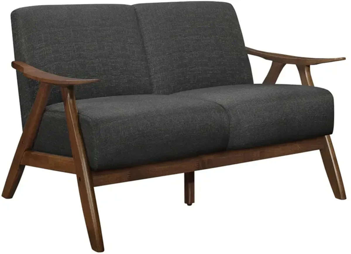 Indy 51 Inch Loveseat, Brown Rubberwood Angled Frame, Textured Gray Fabric - Benzara