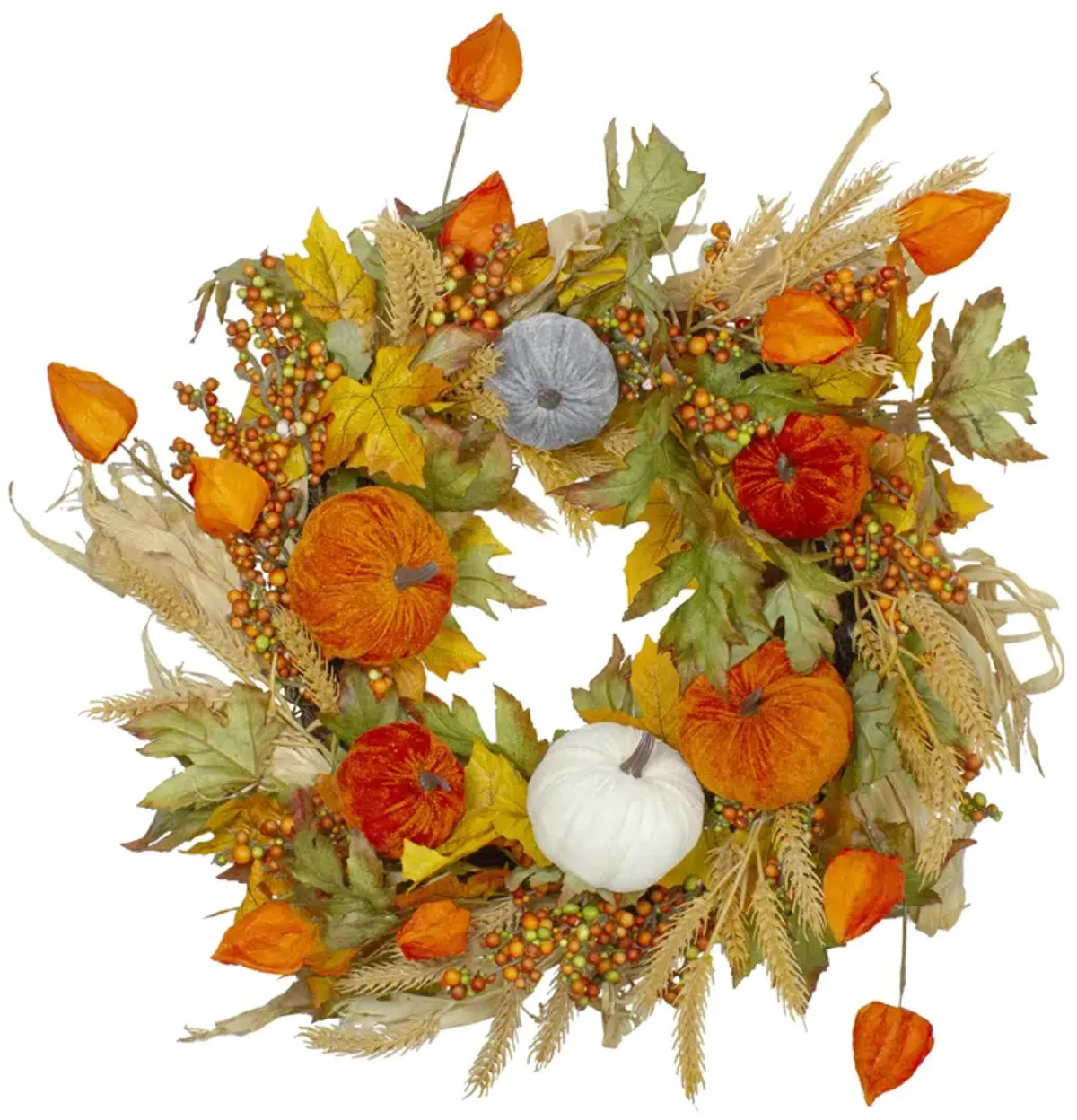 Velvet Pumpkins and Wheat Artificial Fall Harvest Wreath - 24-Inch  Unlit