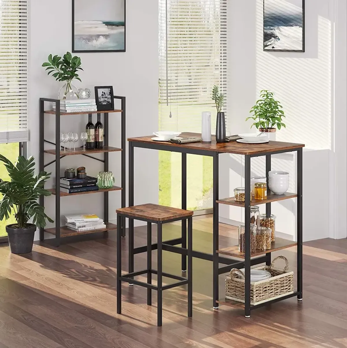 Bar Table, High Dining Table with 3 Storage Shelves