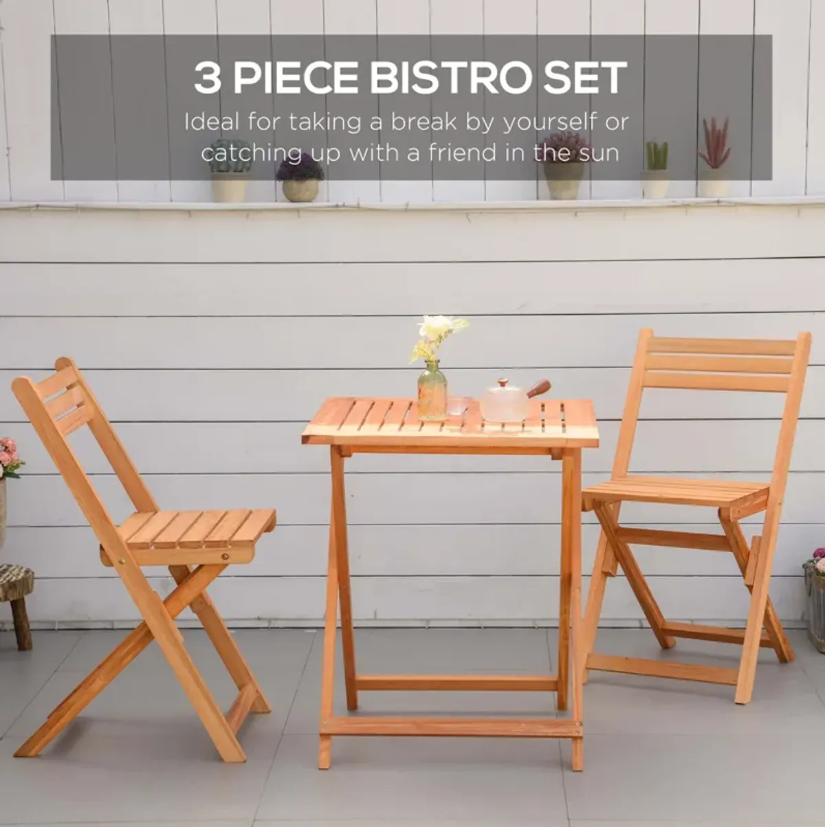 Teak Bistro Set: 3-Piece Folding Outdoor Chairs and Table