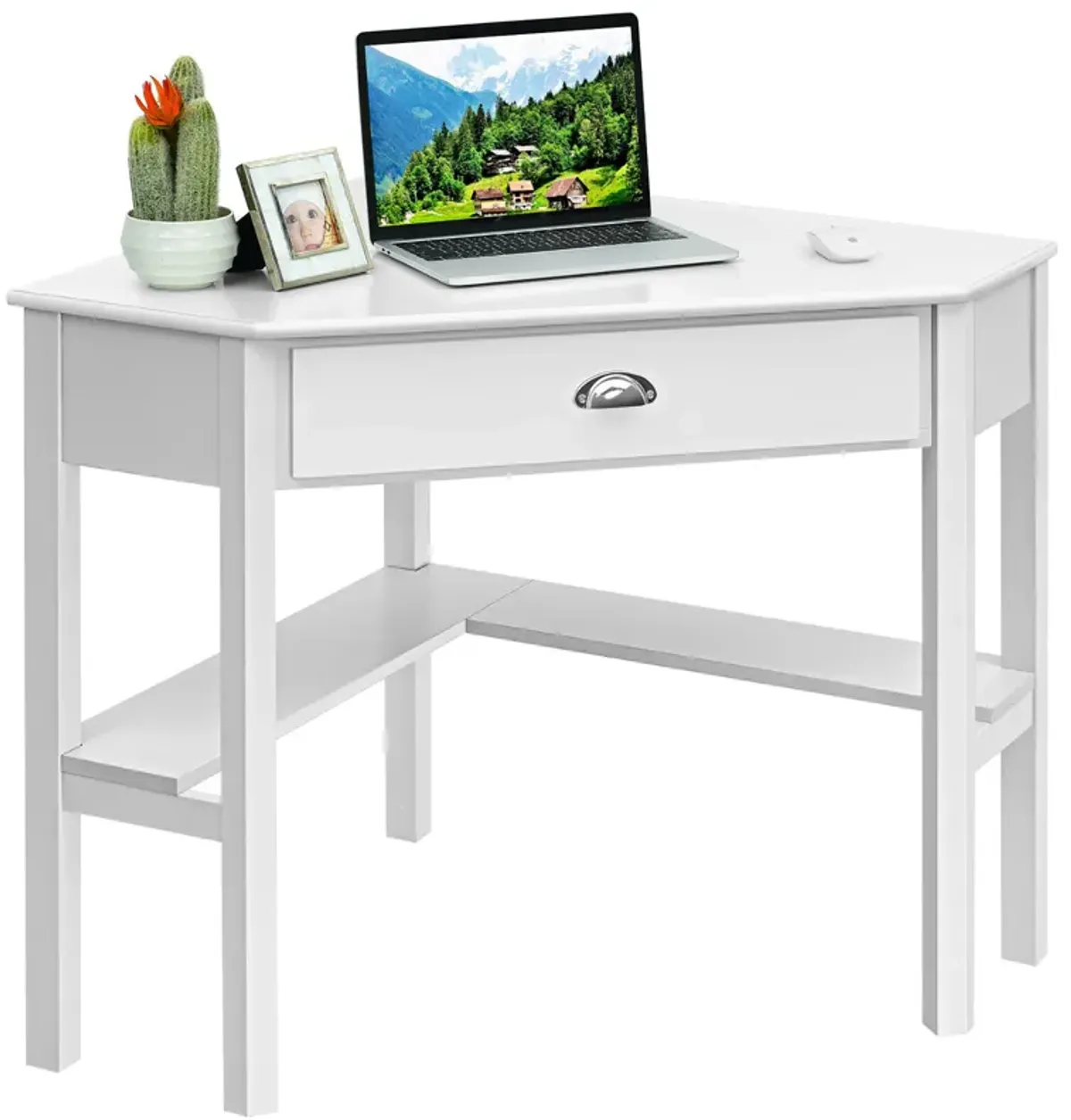 Costway Triangle Computer Desk Corner Office Desk Laptop Table w/ Drawer Shelves Rustic White