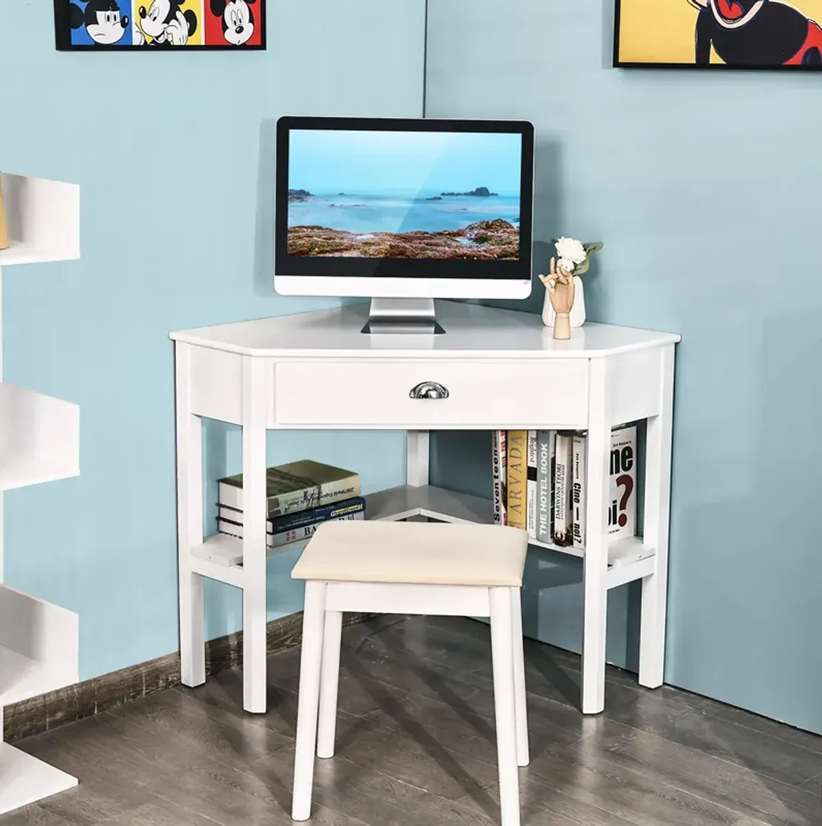 Costway Triangle Computer Desk Corner Office Desk Laptop Table w/ Drawer Shelves Rustic White