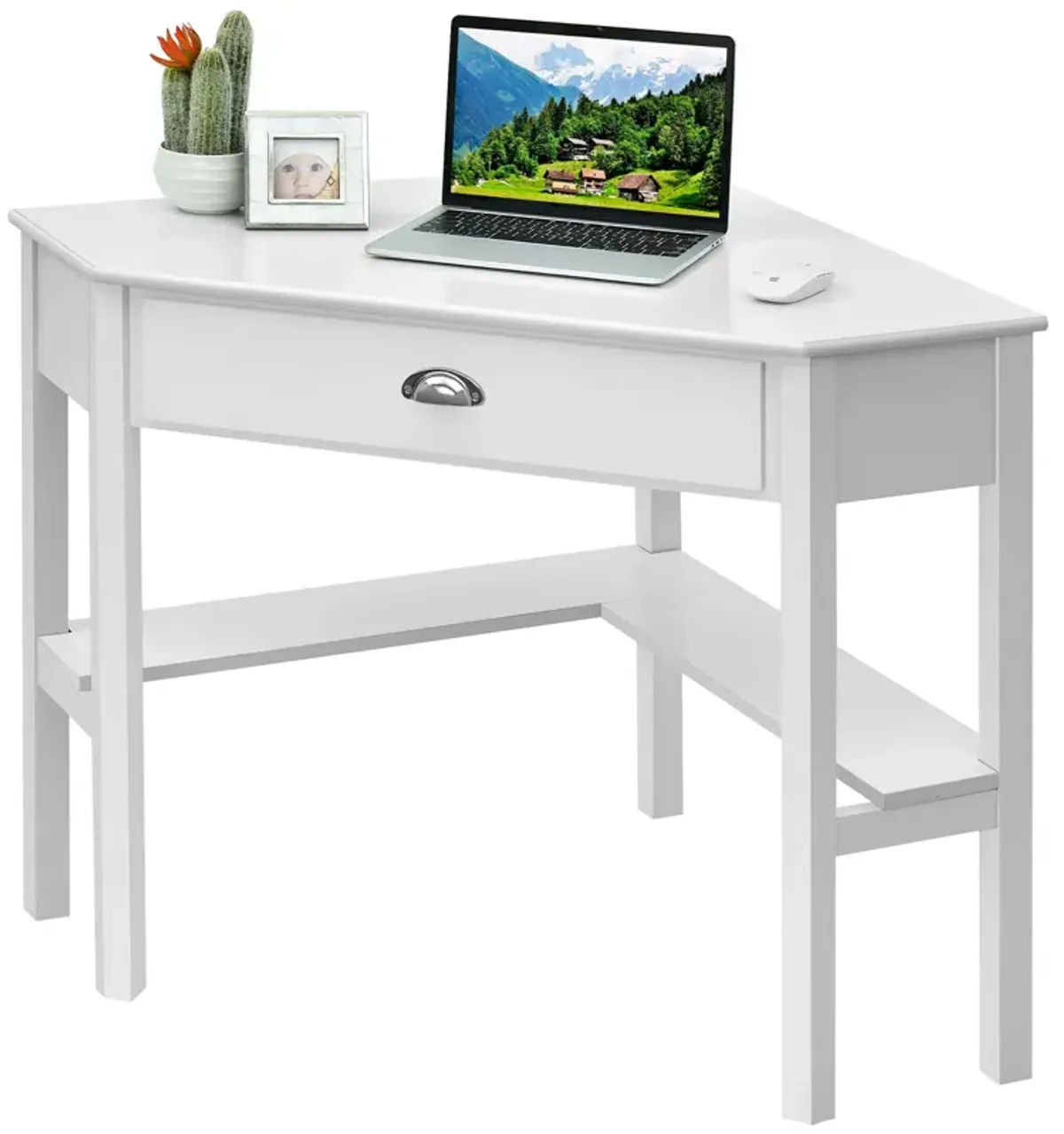 Costway Triangle Computer Desk Corner Office Desk Laptop Table w/ Drawer Shelves Rustic White