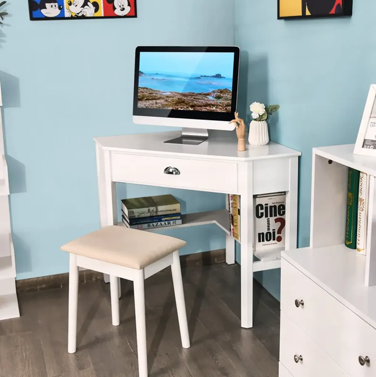 Costway Triangle Computer Desk Corner Office Desk Laptop Table w/ Drawer Shelves Rustic White